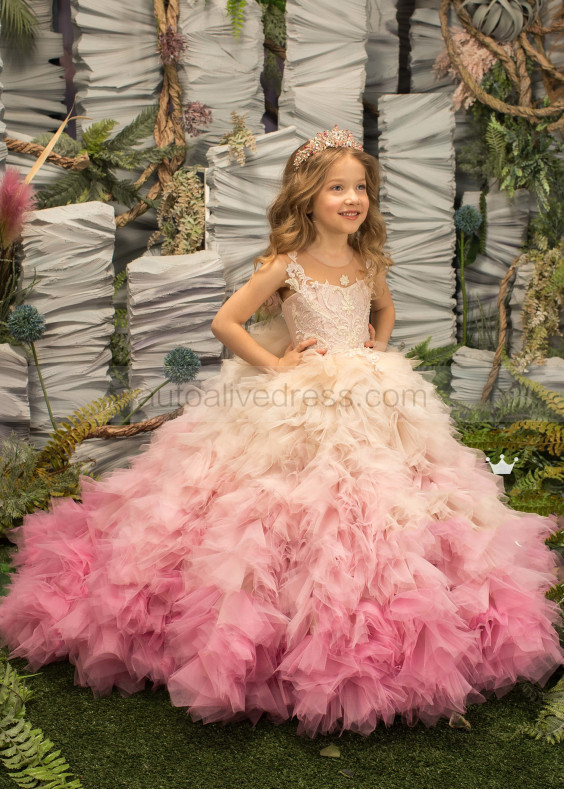 Beaded Ivory Lace Pink Tulle Ruffle Flower Girl Dress